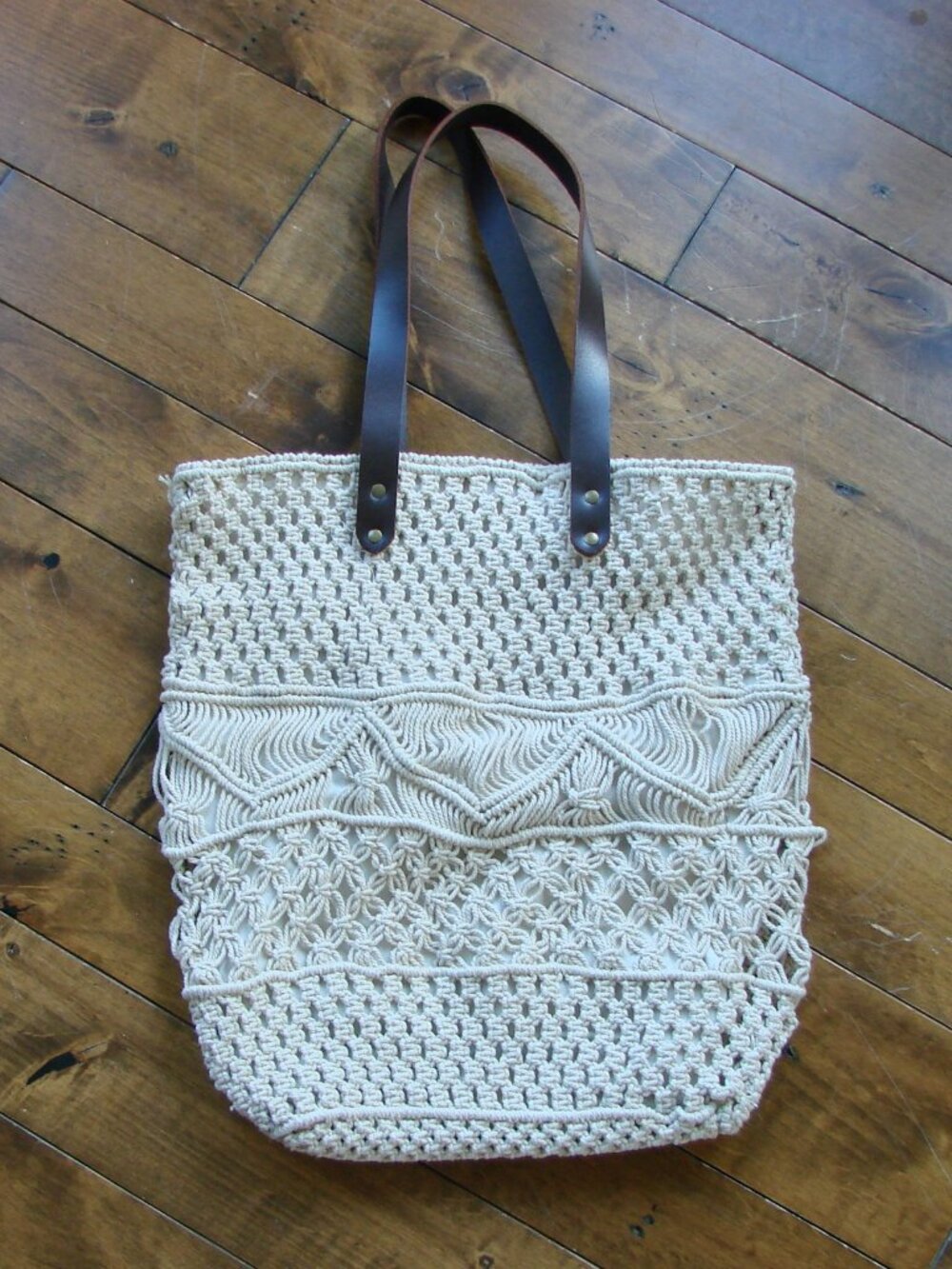 Anthropologie Aphorism Cream Crochet Tote Bag Boho Macrame Brown Leather Handles